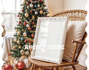Frame Mockup Chirstmas, DIN A Vertical Frame Mockup, Frame Leaning on Wall Template for Photoshop Thin Wood Frame PSD for Prints and Artwork