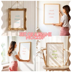 Vertikaler Rahmen Mockup mit Person, Vintage Rahmen Mockup, Posterrahmen Mockup, Holzrahmen Mockup Elegantes Mockup | Set aus 4 Mockup Rahmen