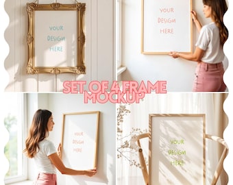 Verticale lijstmodel met persoon, vintage lijstmodel, posterlijstmodel, houten lijstmodel Elegant model | Set van 4 mock-uplijsten