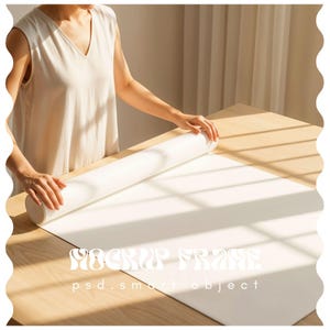 Poster Mockup With Person, Rolled Up Unrolling Rolling, DIN A Vertical Frame Mockup, Frame Leaning on Wall Template for Photoshop