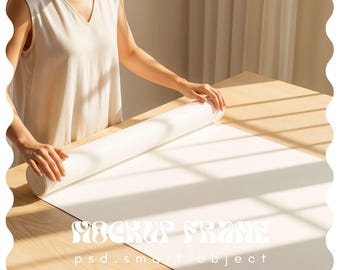 Poster Mockup With Person, Rolled Up Unrolling Rolling, DIN A Vertical Frame Mockup, Frame Leaning on Wall Template for Photoshop