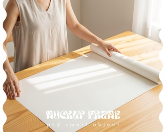 Poster Mockup With Person, Rolled Up Unrolling Rolling, DIN A Vertical Frame Mockup, Frame Leaning on Wall Template for Photoshop