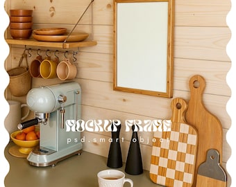 Kitchen Frame Mockup, A4 Realistic Minimalist Home, PSD Poster ISO A DIN, Counter Interior Template Thin Wood Frame Boho , Gallery Wall