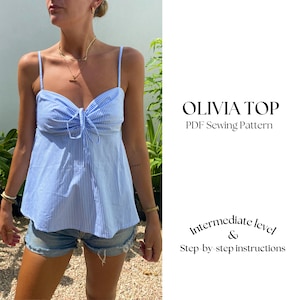 Gathered bust summer top PDF Sewing Pattern- Babydoll cami top for Beginners, Sizes XXS-XXL, Includes Step-by-Step Tutorial