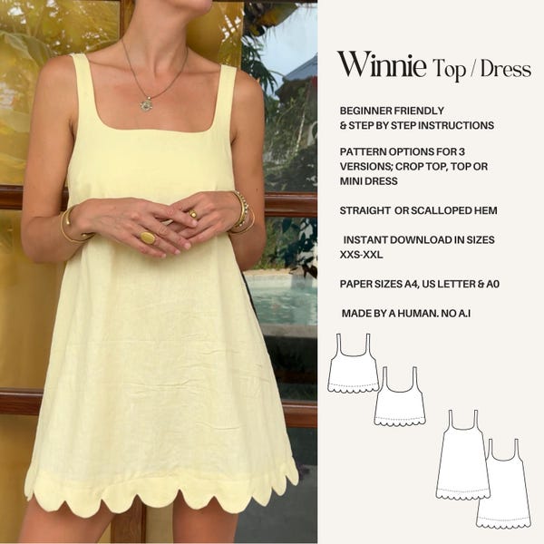 Wzór do szycia sukienki z kwadratowym dekoltem w formacie PDF: lniana sukienka letnia, z zawiniętym dołem (rozmiary XXS-XXL)