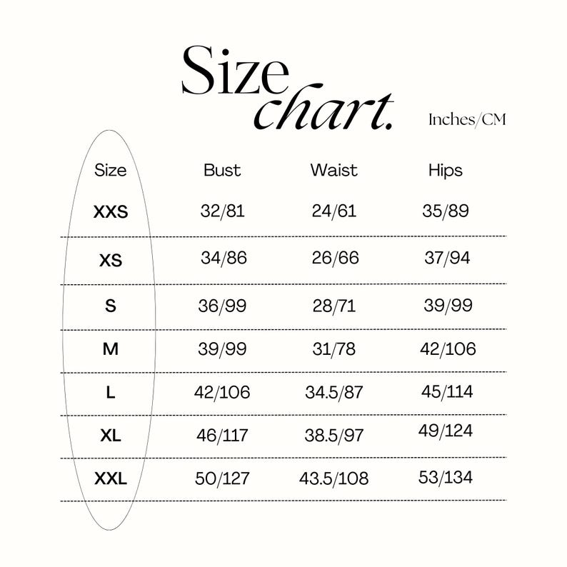 Peut inclure: Tableau des tailles pour les v&ecirc;tements avec des mesures en pouces et en centim&egrave;tres. Le tableau montre les tailles du XXS au XXL avec les mesures de buste, de taille et de hanches correspondantes.