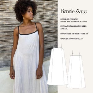 マキシドレスのPDF縫製パターン：初心者向け、サイズXXS～XXL