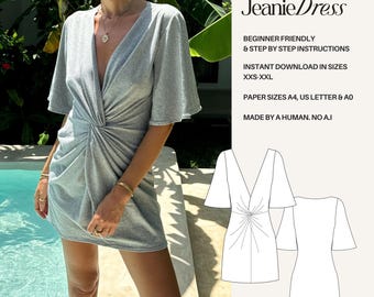 Twist Front Mini Dress Sewing Pattern: Angel Sleeves (PDF Digital Pattern)