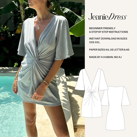 Twist Front Mini Dress Sewing Pattern: Angel Sleeves (PDF Digital Pattern)
