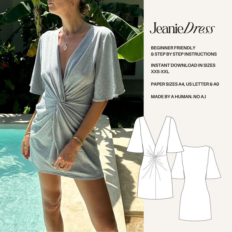 Patron de couture pour mini robe torsadée : manches ange (Patron numérique PDF) image 1