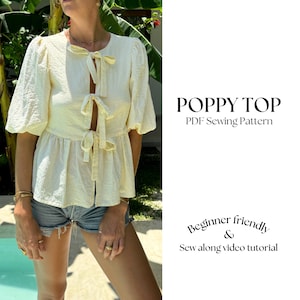 Peplum hem top- PDF Sewing pattern, Linen tie front top, puff sleeve top, Shirt pattern, Beginner friendly pattern, Sizes XXS-XXL