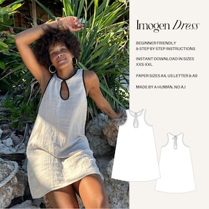Puede incluir: Un vestido de lino beige con escote de ojo de cerradura y ribete negro. El vestido es sin mangas y llega hasta la mitad del muslo. La imagen incluye el texto "Imogen Dress" y detalles sobre el patrón, incluyendo "Beginner Friendly" y "Instant Download."