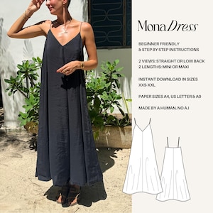 Peut inclure: Une robe longue noire avec de fines bretelles et un décolleté en V. Le texte indique : MonaDress, BEGINNER FRIENDLY & STEP BY STEP INSTRUCTIONS, 2 VIEWS: STRAIGHT OR LOW BACK, 2 LENGTHS: MINI OR MAXI, INSTANT DOWNLOAD IN SIZES XXS-XXL, PAPER SIZES A4, US LETTER & A0, MADE BY A HUMAN. NO A.I.