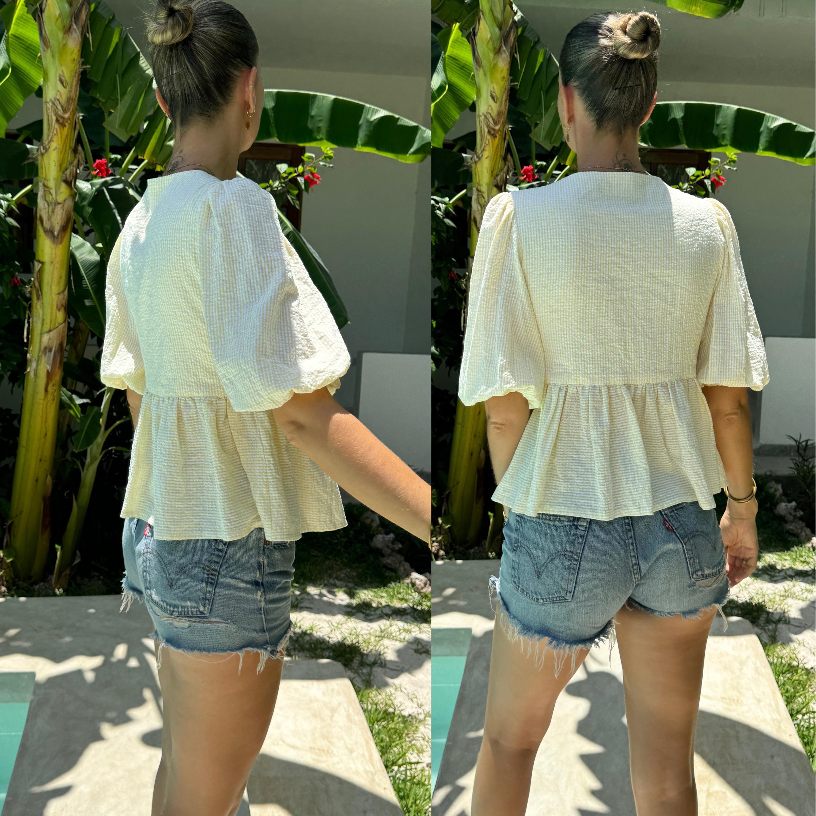 Peplum Hem Top- PDF Sewing Pattern, Linen Tie Front Top, Puff Sleeve ...