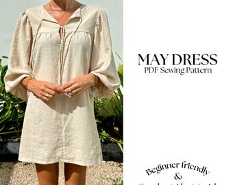 Smock dress- PDF Sewing pattern, Linen Summer Dress, Gathered dress, Sundress Pattern, Puff sleeve, Beginner friendly pattern, Sizes XXS-XXL