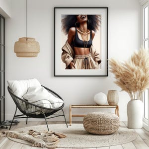 Radiant Afro Chic Wall Art – Black Woman Fashion Illustration, Modern Urban Style Print, Neutral Aesthetic Home Décor