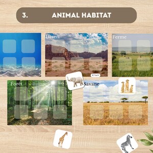 May include: Educational poster with the title "ANIMAL HABITAT" featuring six different environments: ocean, desert, farm, forest, savanna, and a space for animal stickers. Includes illustrations of animals like a camel, elephant, and lion.
