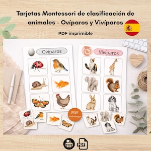 May include: Educational Montessori flashcards for classifying animals as oviparous or viviparous. The cards feature watercolor illustrations of various animals, including a ladybug, bird, snail, and fish. The text "Oviparos" and "Viviparos" are displayed.
