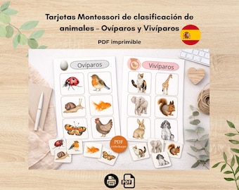 Montessori-klassificeringsdiagram för djur – Ovíparos y Vivíparos | 2 remsor + 12 kort | Utskrivbar PDF