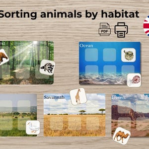 May include: An educational game titled "Sorting animals by habitat." The game features cards with animal illustrations and habitat backgrounds, including forest, ocean, farm, savannah, and desert. Includes a PDF and print icon.