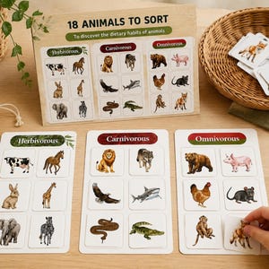 May include: Educational animal sorting game with cards labeled "Herbivorous", "Carnivorous", and "Omnivorous". The game includes a wooden display board with the text "18 ANIMALS TO SORT". A small bag of "ANIMAL SORTING CARDS" is also present.
