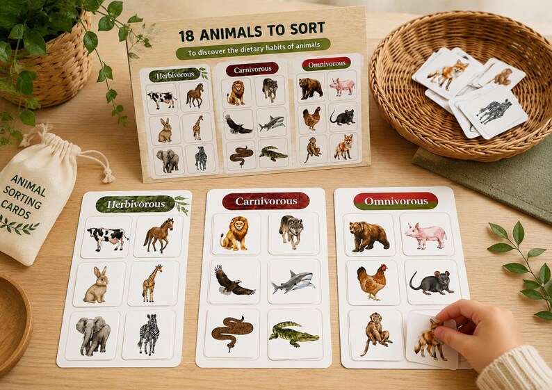 May include: Educational animal sorting game with cards labeled "Herbivorous", "Carnivorous", and "Omnivorous". The game includes a wooden display board with the text "18 ANIMALS TO SORT". A small bag of "ANIMAL SORTING CARDS" is also present.