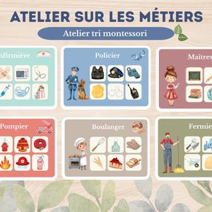 May include: Educational poster featuring illustrations of different professions: nurse, police officer, teacher, firefighter, baker, and farmer. The text "ATELIER SUR LES MÉTIERS" and "Atelier tri montessori" are displayed at the top.