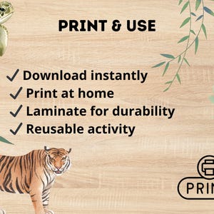 May include: A digital print featuring a tiger, donkey, and sea turtle. The text "PRINT & USE" is at the top, with bullet points indicating instant download, home printing, lamination, and reusability. A "PRINT" icon is at the bottom.