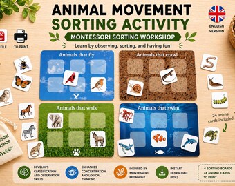 Aktivitet för sortering av djurrörelser | Montessori djursorteringskort | Utskrivbar PDF | Djur som går, flyger, simmar, kryper | Förskolelärande