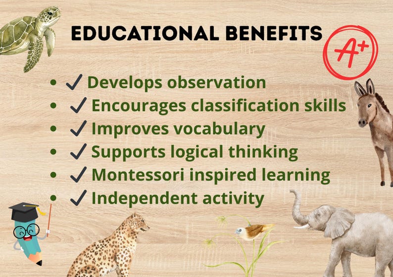 May include: Educational graphic with a wooden background. The text "EDUCATIONAL BENEFITS" is displayed above a list of learning benefits. Illustrations of a turtle, donkey, elephant, and other animals are included.