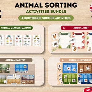 May include: A bundle of four Montessori animal sorting activities. The activities include animal classification, diet, habitat, and movement. The image features colorful illustrations of various animals and their environments, designed for educational purposes.