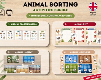 Montessori utskrivbart djursorteringspaket | Förskoleaktiviteter | Djurklassificering, livsmiljö, kost, rörelse | PDF-nedladdning