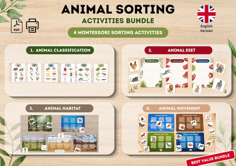 May include: A bundle of four Montessori animal sorting activities. The activities include animal classification, diet, habitat, and movement. The image features colorful illustrations of various animals and their environments, designed for educational purposes.