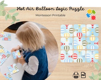 Utskrivbart Montessori-logikpussel | Luftballongspussel | Förskoleaktivitet | Lärandespel för småbarn | 9-bitars pussel
