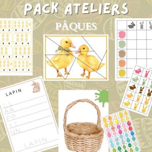 Può includere: Una collezione di materiali didattici a tema Pasqua. Include un cestino di vimini, un puzzle di due anatroccoli gialli e fogli con illustrazioni di coniglietti ed esercizi di scrittura. Presenta anche uova di Pasqua colorate e un reticolo per abbinare i colori.