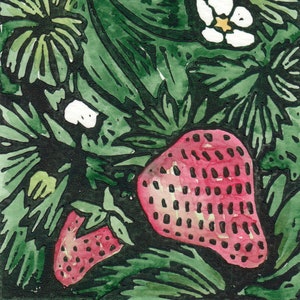 Strawberries - hand-painted linoleum block print