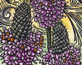 Purple Prairie Clover, hand-painted linoleum block print