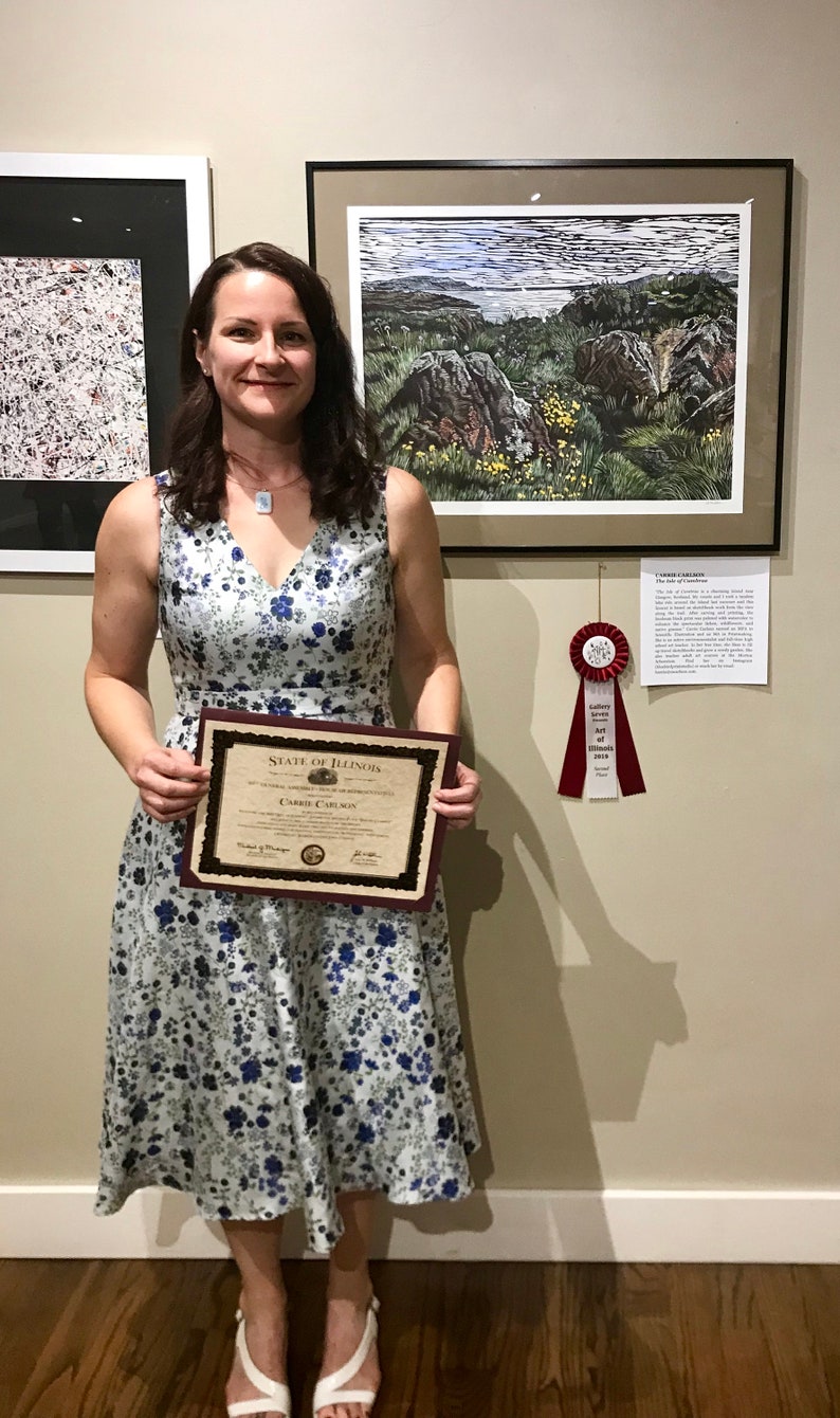 May include: A woman in a floral dress holds a certificate of recognition from the State of Illinois. The certificate is for Carrie Carlson. The woman is standing in front of a wall with two framed pieces of art. The art on the right is a landscape with a red ribbon.
