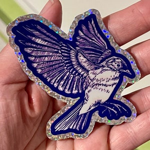 Adhesivo de vinilo brillante de aterrizaje de pájaro azul de 3 pulg.