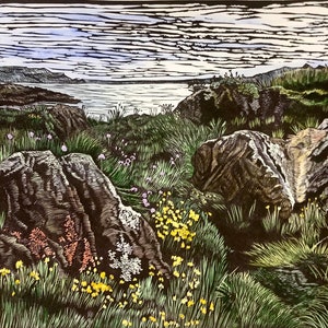 May include: A woodblock print of a rocky seascape with a view of a body of water and distant mountains. The foreground features a variety of green plants and wildflowers, including yellow and purple blooms.