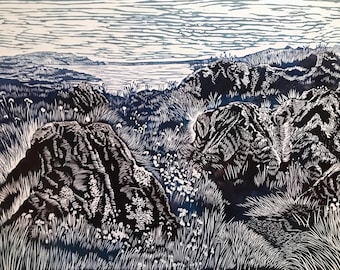 Isle of Cumbrae, Scotland - linoleum block print (blue)