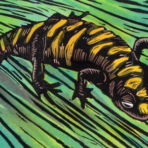 Tiger Salamander, hand-painted linoleum block print