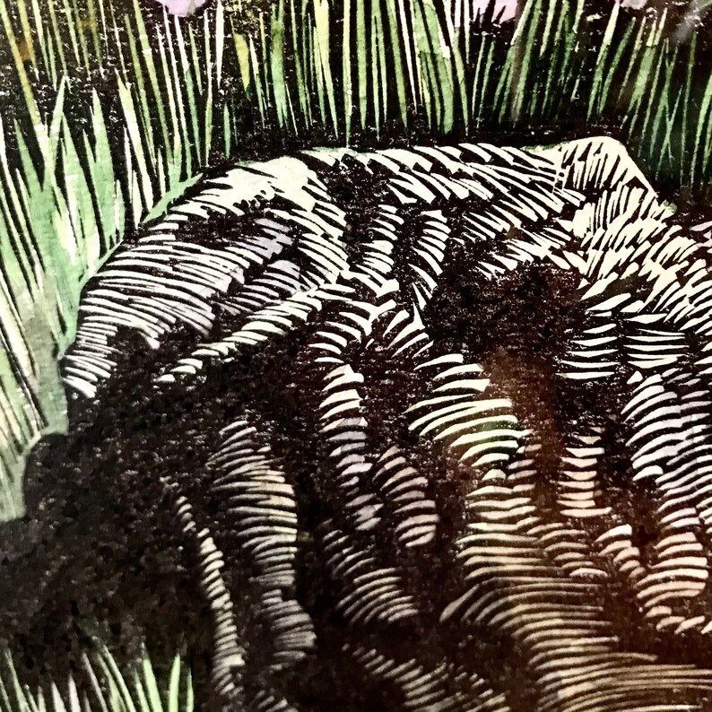 May include: A close-up of a black and white woodcut print of a textured surface. The surface is covered in a pattern of lines and curves, creating a sense of depth and texture. The print is reminiscent of a natural landscape, with the lines resembling grass or leaves.