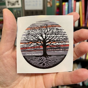3" Oak Tree Silhouette Sunrise Vinilo Pegatina - fondo transparente (creado a partir de impresión linograbado original pintada a mano)