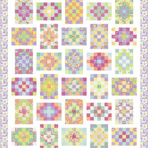 May include: A patchwork quilt with a white background and a daisy border. The quilt features a grid of squares in pastel colours like pink, green, yellow, and purple. Each square has a unique pattern, creating a cheerful and inviting design.