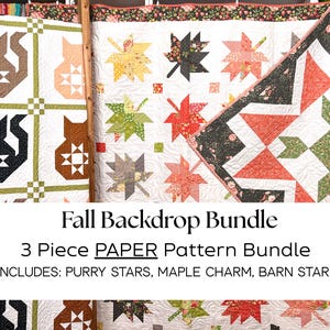 May include: Three quilts featuring cat, maple leaf, and star patterns. Text overlay reads: Fall Backdrop Bundle, 3 Piece PAPER Pattern Bundle, INCLUDES: PURRY STARS, MAPLE CHARM, BARN STAR 9. The quilts display various colors including brown, black, red, and green.