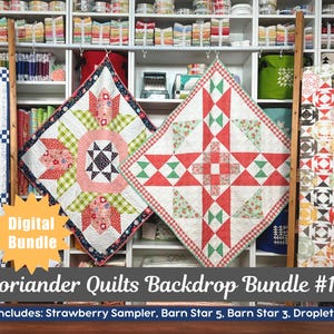 May include: A display of colorful quilts, including a strawberry sampler and star patterns. The quilts are in various sizes and designs, with red, green, and white fabrics. The text "Coriander Quilts Backdrop Bundle #16" is visible, indicating a digital bundle.