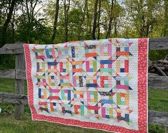 May include: A colorful quilt with a patchwork design, featuring various geometric shapes in shades of blue, orange, pink, and green. The quilt is bordered with a red floral pattern and is draped over a wooden fence in a grassy outdoor setting.