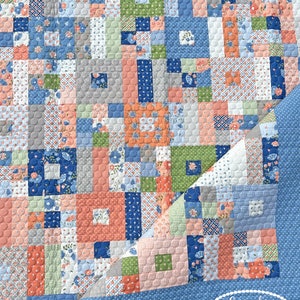 May include: A patchwork quilt in shades of blue, peach, green, and gray. The quilt features a variety of floral and geometric patterns, with a dotted blue border. The quilt is made of squares and rectangles, with a quilted texture.