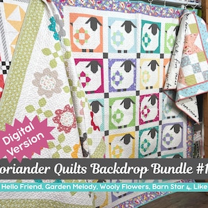 Könnte beinhalten: Eine Sammlung farbenfroher Quilts, darunter einer mit Schafmotiven in Quadraten. Die Quilts werden auf einem Holzregal präsentiert. Das Bild enthält den Text "Coriander Quilts Backdrop Bundle #15" und "Digital Version."
